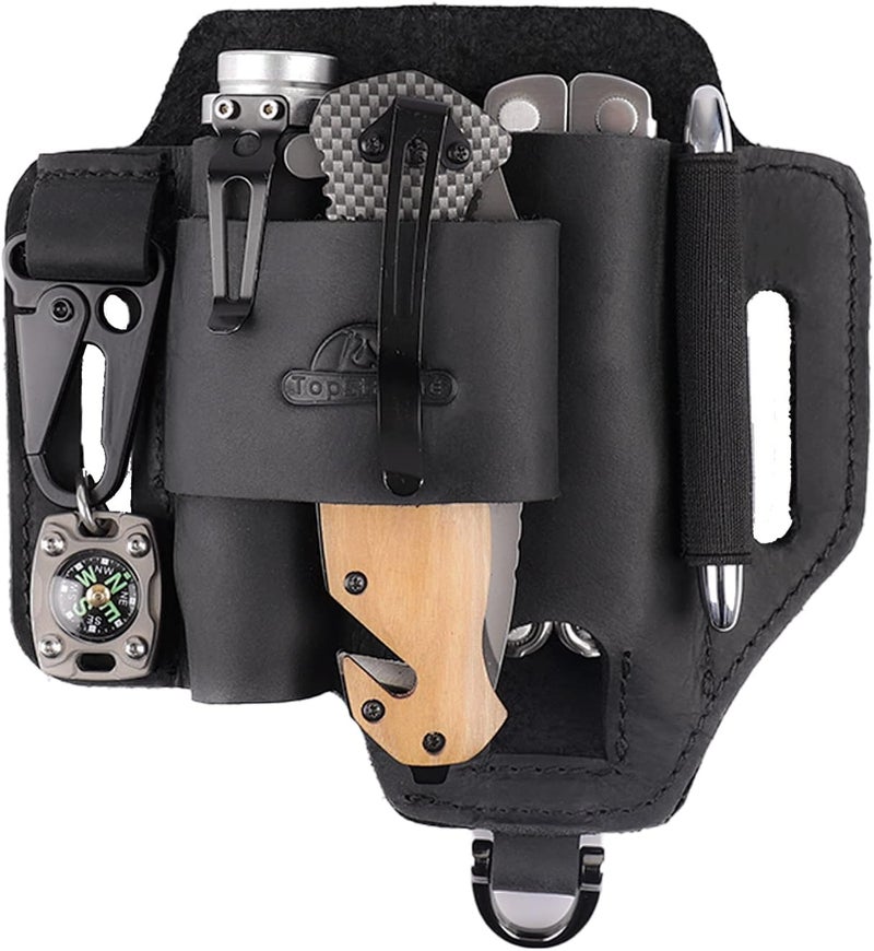topstache Leather Multitool Sheath,EDC Belt Organizer for Work and Daily Use,Leatherman Sheath,EDC Pocket Organizer for Flashlight and Multitool,Gifts for Men,Leather Sheath for Multitool,Black - Image 1